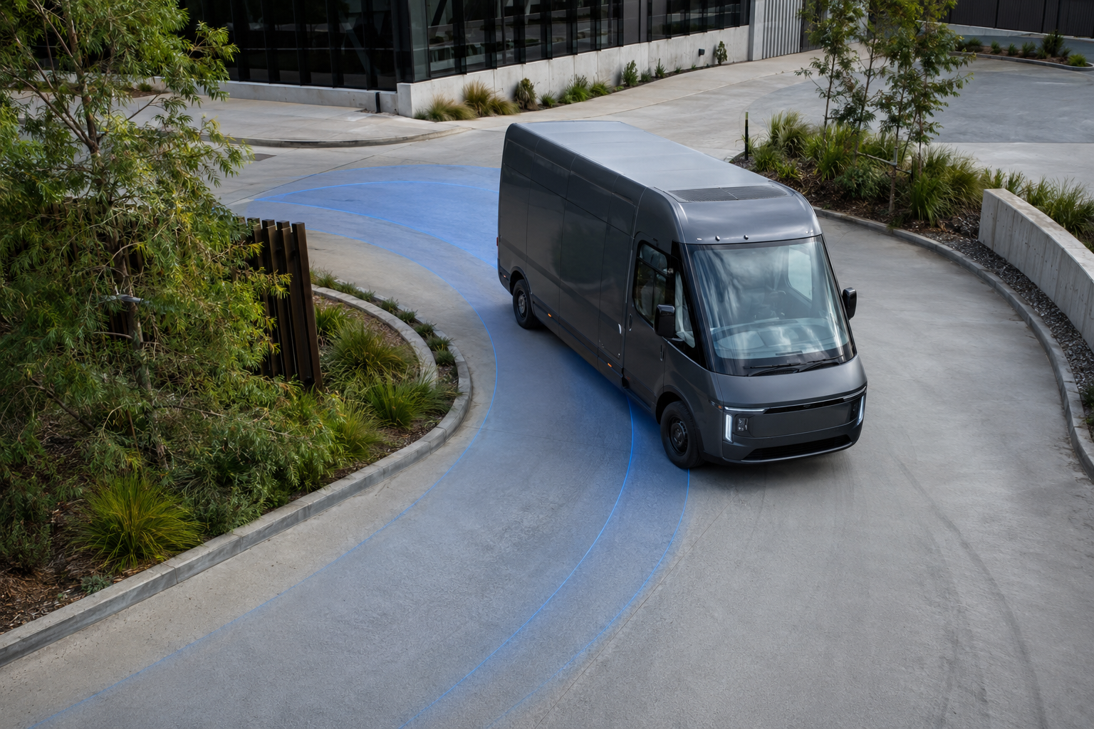 Utility vehicle following a digitally tested swept path through a driveway